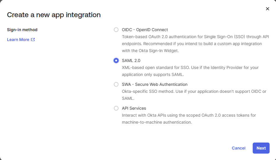 Okta - Selecionar SAML 2.0
