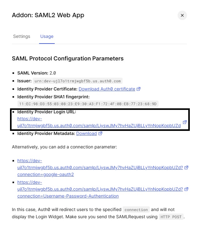 Auth0 - URL de Metadados SAML