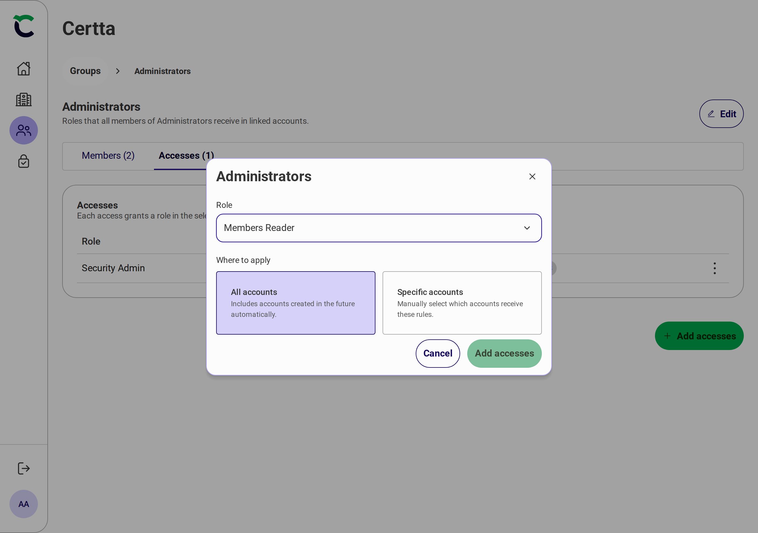 Organizações - Adicionar acesso ao grupo