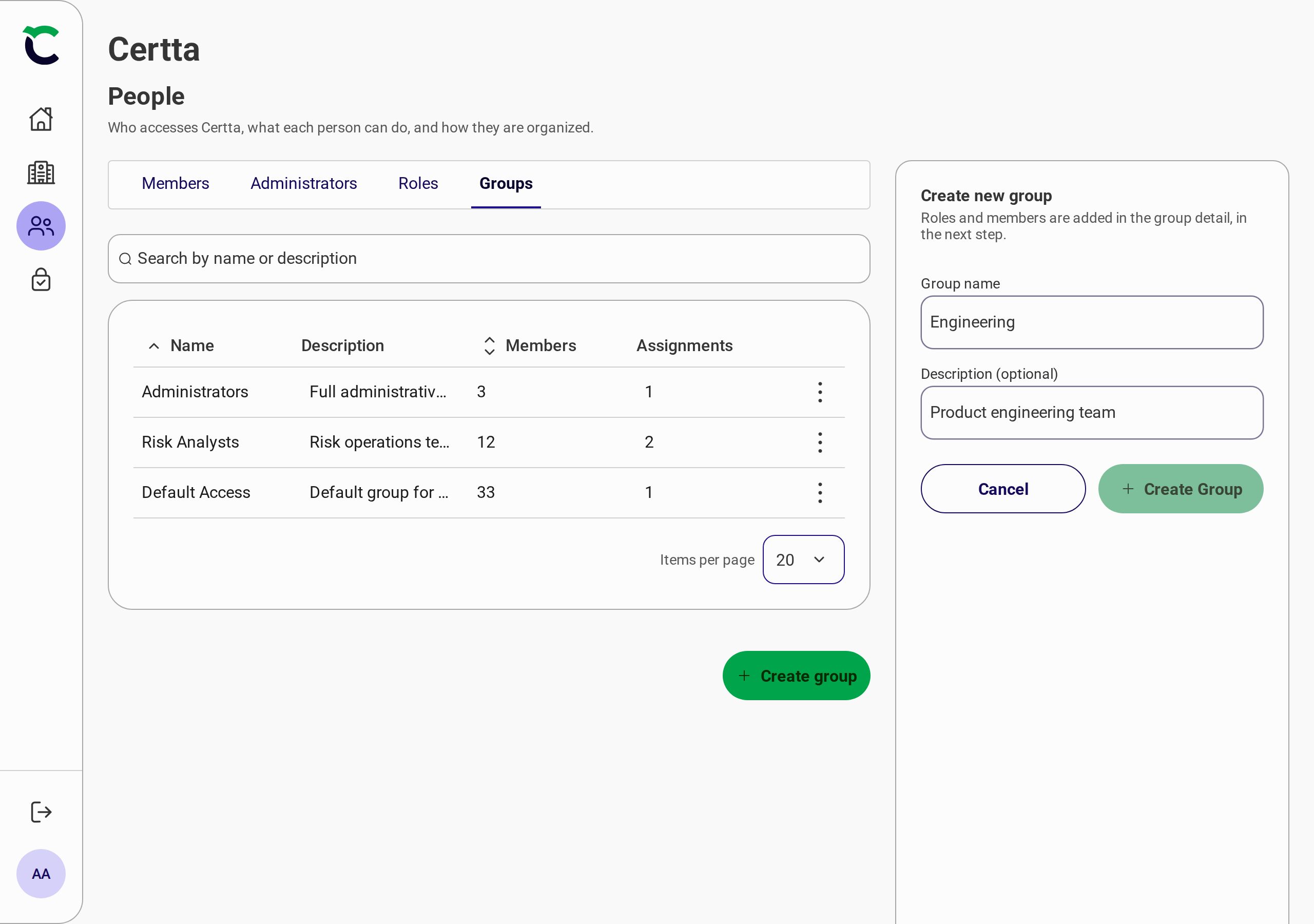 Organizações - Criar grupo